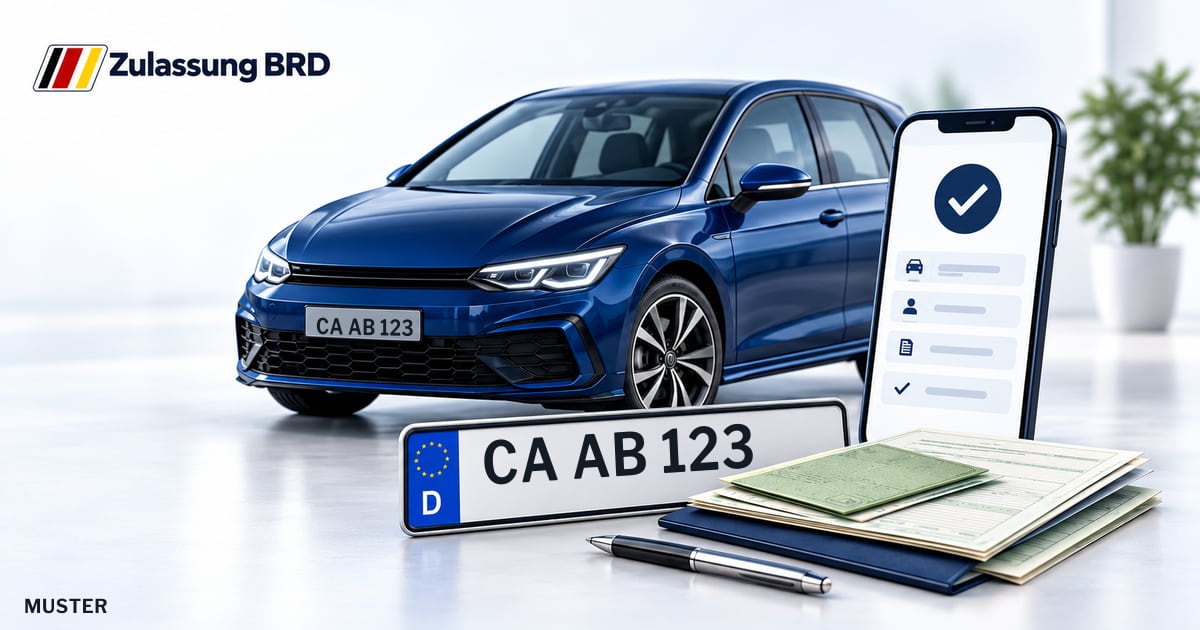 Online Fahrzeugzulassung in Lauchhammer: Musterkennzeichen CA AB 123, Auto und Fahrzeugpapiere und Smartphone. Illustration mit Logo von Zulassung BRD.
